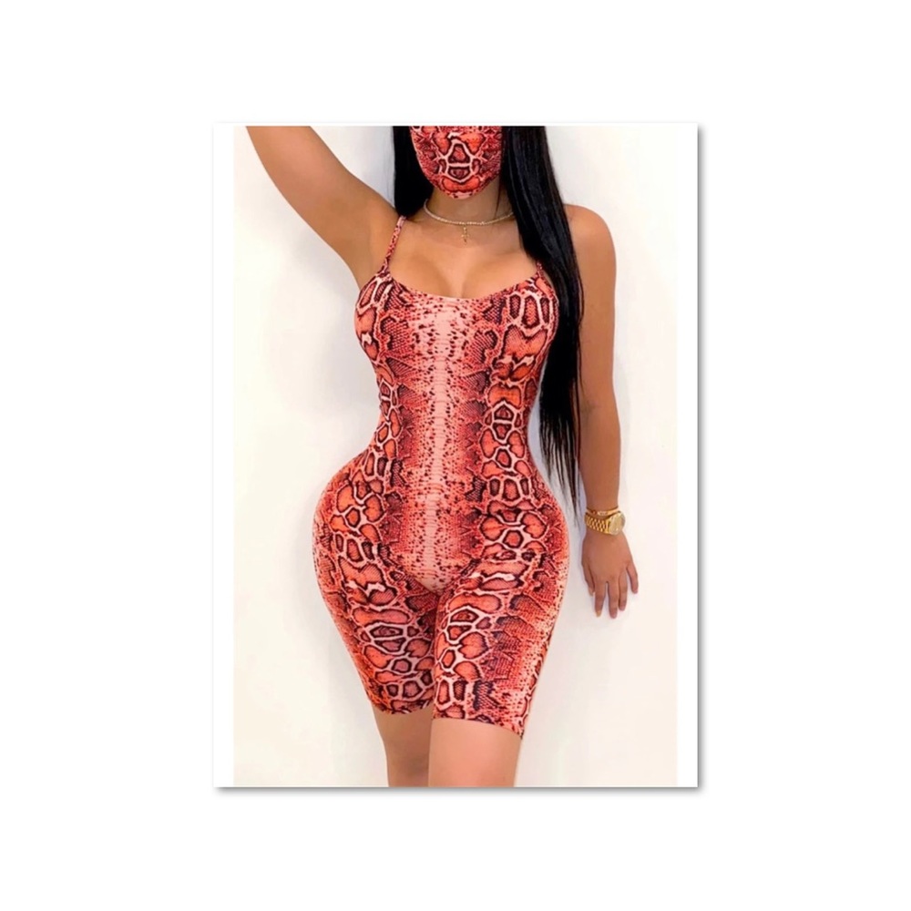 Red, snake print shorts body suit.